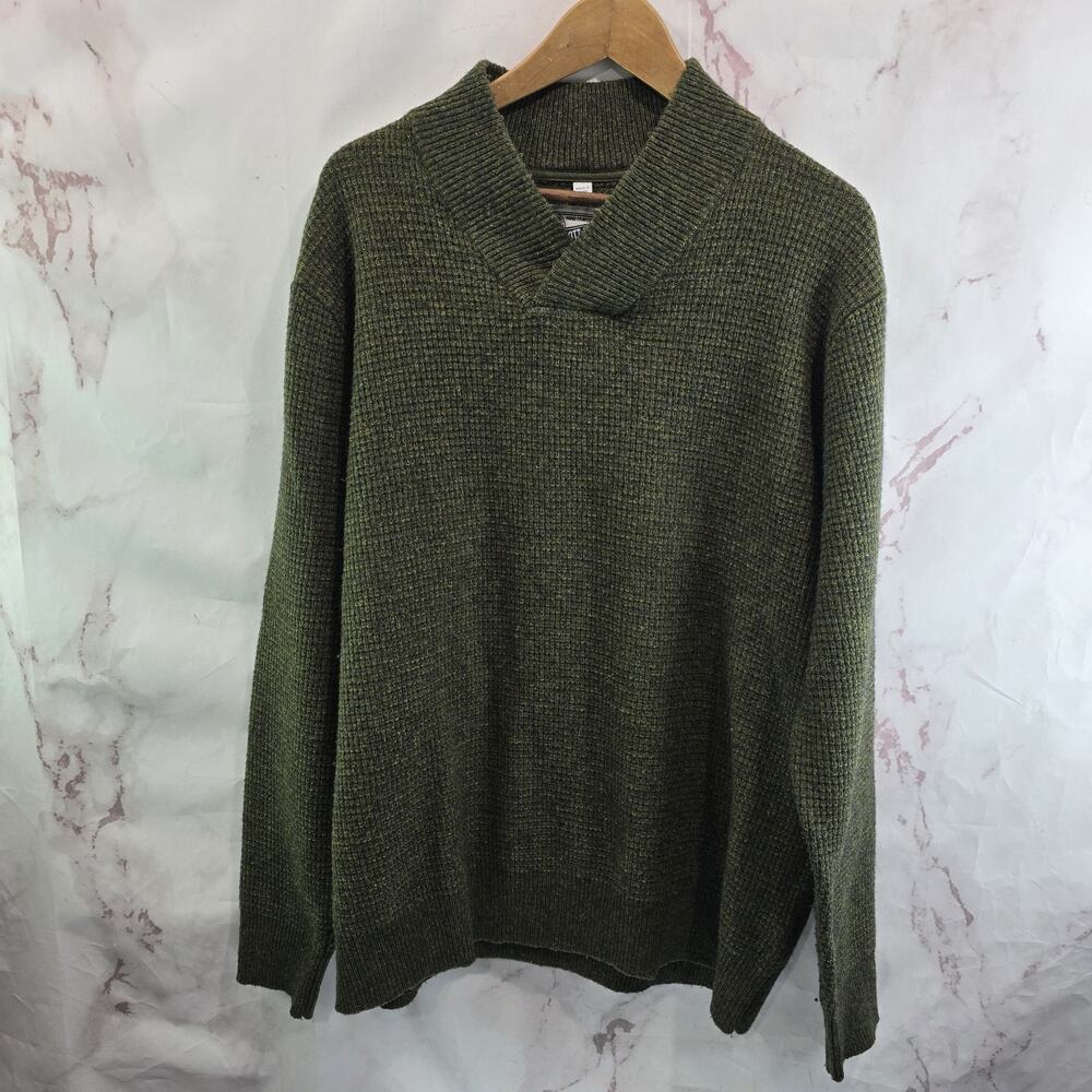 Schott Bros Sweater Mens XL Green Wool Vintage 90s Shawl Collar Thermal Waffle